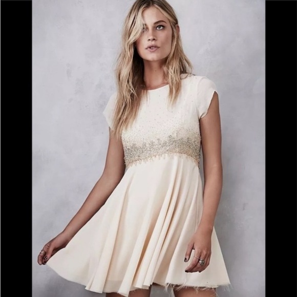 Free People Champagne Sequin Beaded Embellished Chiffon Formal Babydoll Dress - Picture 6 of 11